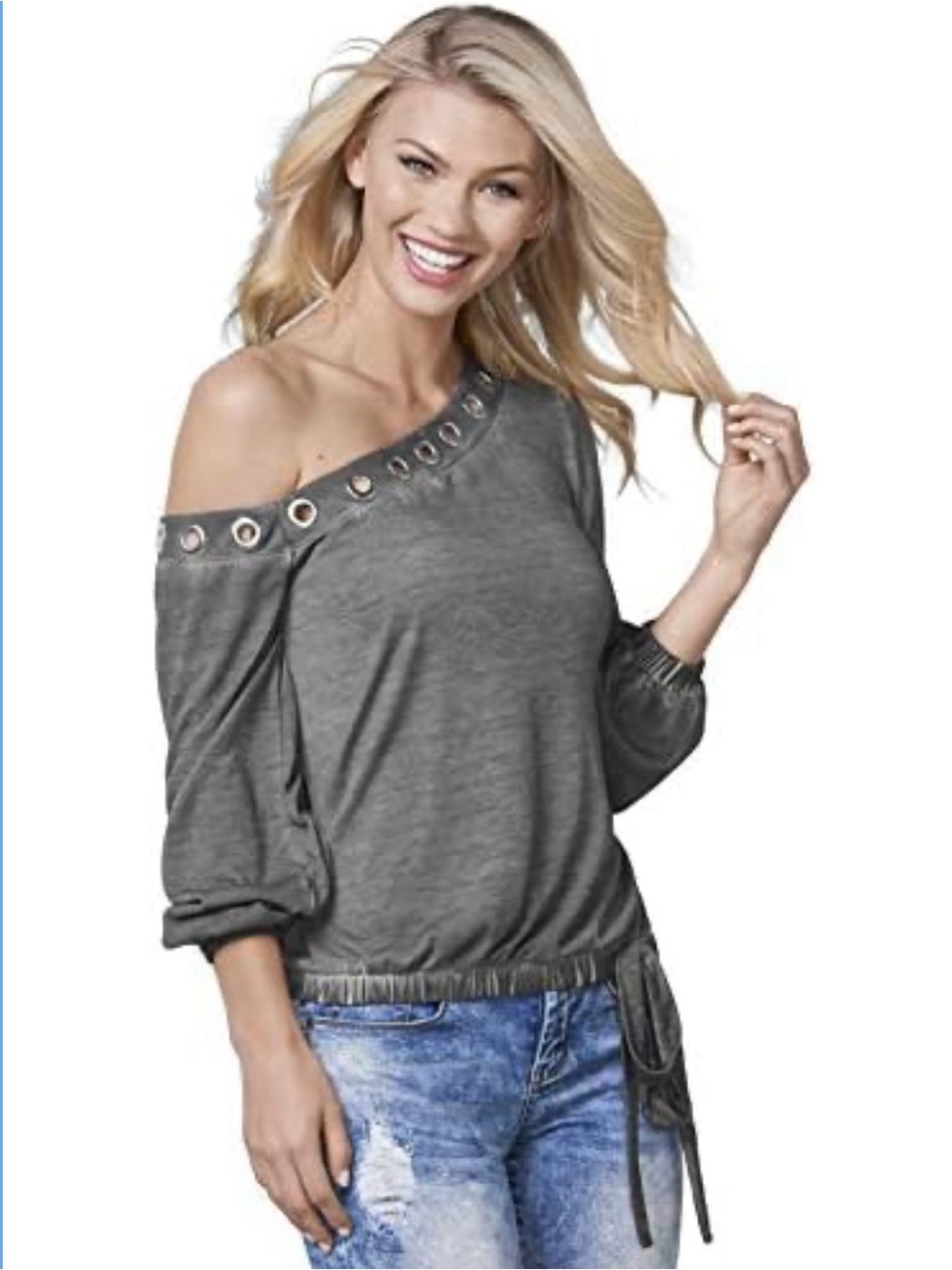 Venus One Shoulder Grommet Gray Top women’s size Large